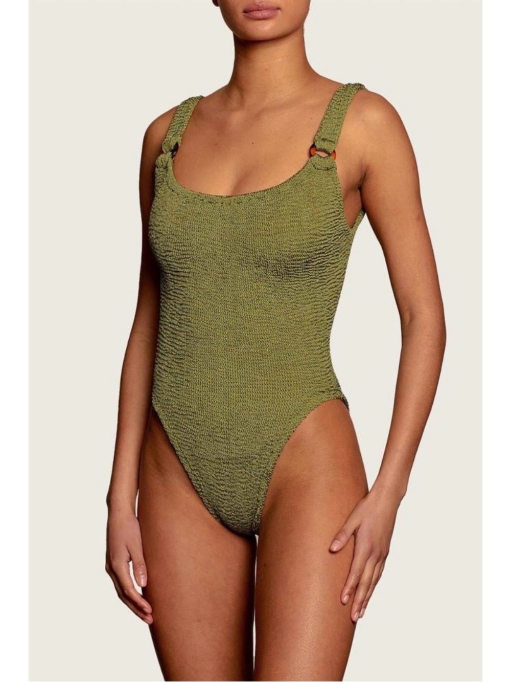 Hunza G Domino One Piece Crinkle Swimsuit in Metallic Moss Green One Size